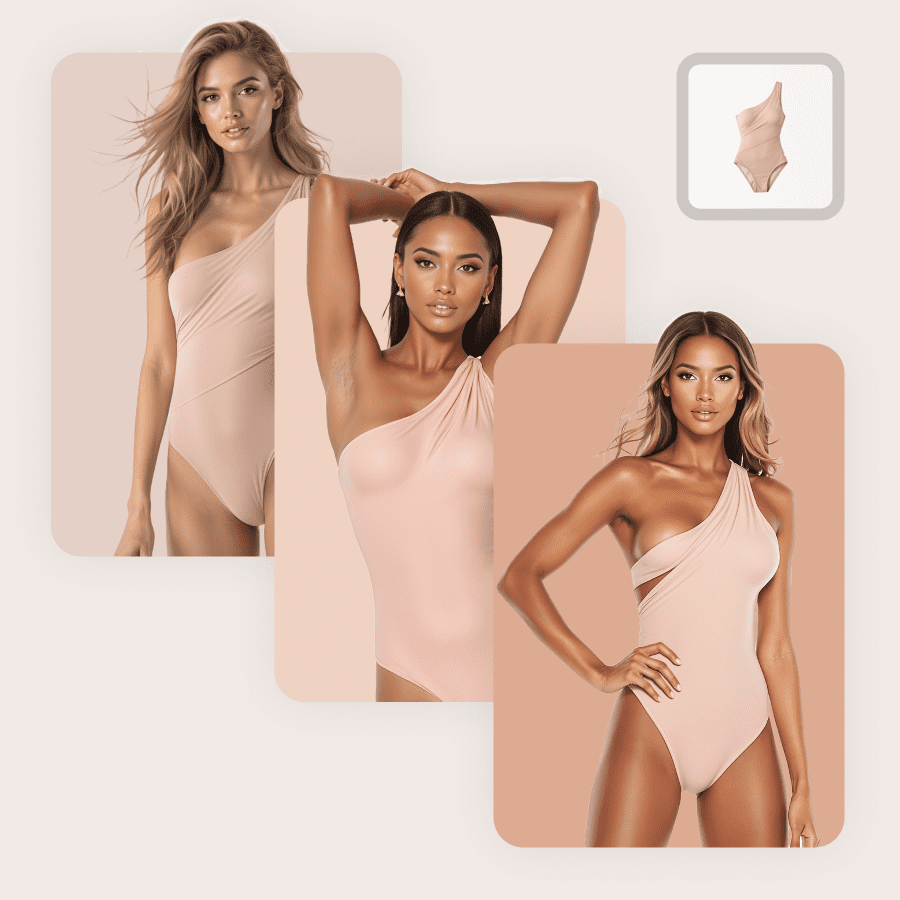 Same swimwear shown in studio, beach, and poolside settings