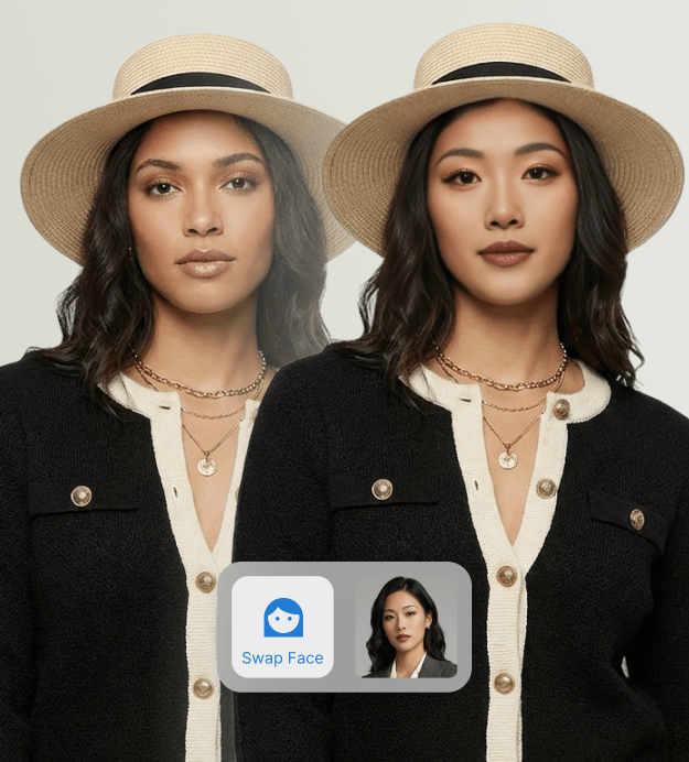 Side-by-side comparison of original and face-swapped product photos